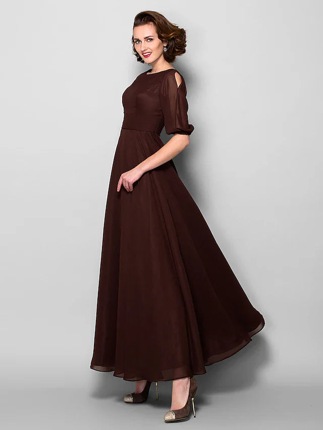 Wholesale A-Line Mother of the Bride Dress Elegant Jewel Neck Ankle Length Chiffon Half Sleeve with Sash / Ribbon Ruched